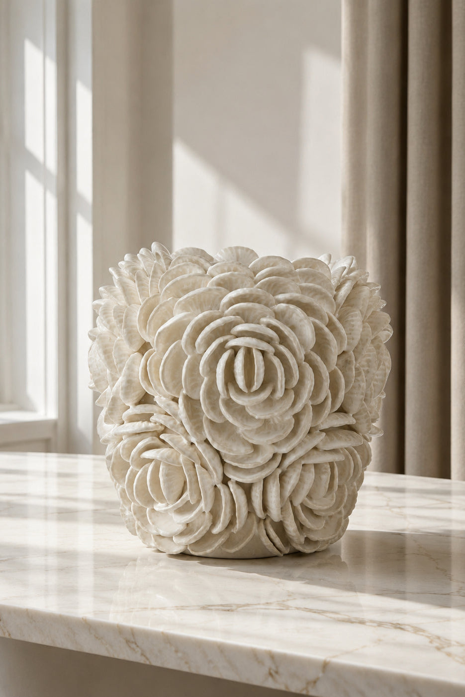 Vase m. store 3D blomster, hvid - H26,5 cm